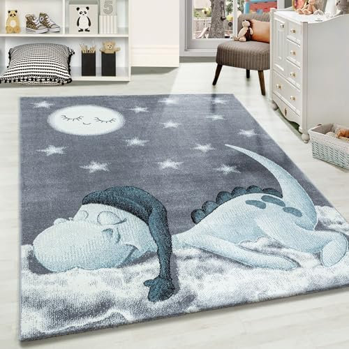 Carpetsale24 Kinderteppich süßes Dinosaurier Muster Blau und Grau 200 x 290 cm - Kurzflor Teppich Kinderzimmer Babyzimmer für Mädchen und Junge Extra Weich und Pflegeleicht - Spielteppich Babyteppich