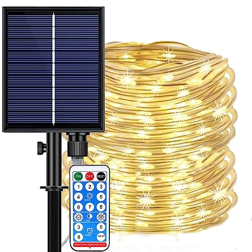 DINOWIN Solar Lichtschlauch Außen, 20M 200LED Lichterkette mit 8 Modi Fernbedienung Wasserdicht Led Schlauch für Garten Balkon Zimmer Hochzeit Weihnachten (Warmweiß)
