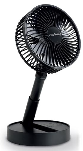 Innoliving Ventilateur pliable rechargeable sans fil, hauteur réglable, 3 vitesses, angle 90°, batterie lithium 1800mAh, charge USB, portable, pratique (noir, 20 cm pliable)