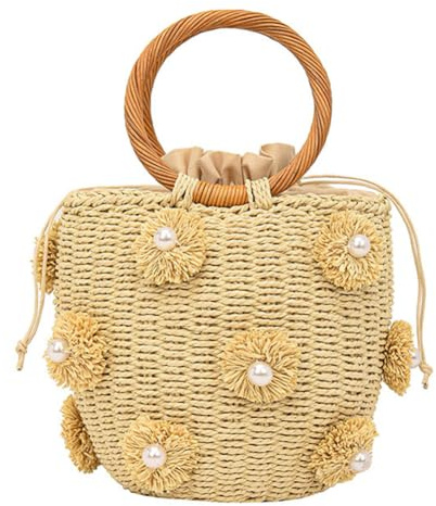JUCHRZEY Blume Perlen Rattan Tote Bag for Frauen Sommer Strand Drawstring Straw Bucket Bag Handmade Tote Bag mit Perle Blume Top Handle Bag