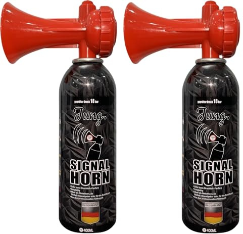 JUNG Druckluftfanfare Air Horn Profi Qualität 2X 400ml, 200 Kurze Signale, Fanfare Sportveranstaltung, Europameisterschaft, EM WM, als Warnsingnal, Hupe Tröte Drucklufthupe Gashupe Fantröte Airhorn