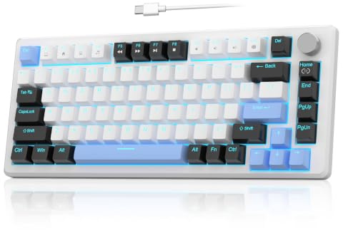MageGee 75% Mechanical Gaming Keyboard, Compact Blue Backlit Wired Gaming Keyboard with Brown Switches, EVA Foam, Knob Control, STAR75 Portable NKRO PC Gaming Keyboard - White & Blue