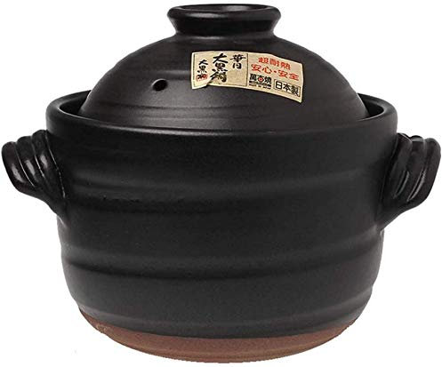 Olla de arroz de arcilla Olla arrocera japonesa con doble tapa Cazuela de cerámica redonda Olla de barro esmaltada resistente al calor Olla de sopa de guiso lento Olla caliente Negro 2,3 l