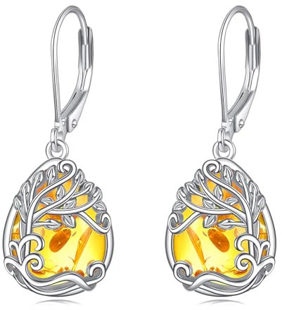 Bernstein Baum des Lebens Ohrringe für Damen 925 Sterling Silber Lebensbaum Tropfen Ohrringe Leverback Schmuck Geschenke