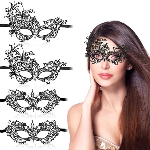 Andibro Maskenball Spitzenmaske, 4 Stück Venezianische Maske Spitze Damen Schwarz Sexy Lace Augenmaske Gothic Maskerade Maske für Halloween Karneval Abendkleid Tanz Ball Party (Schwarz)