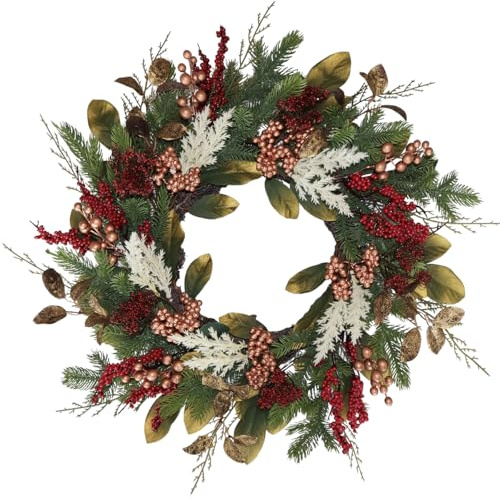BINFEN 20 Gold Red Berries Christmas Wreaths for Front Door, Metallic Finish Eucalyptus Leaves Winter Xmas Wreath Outdoor Holiday Decoration, Door Wreath Decor for Farmhouse Front Porch Wall Window