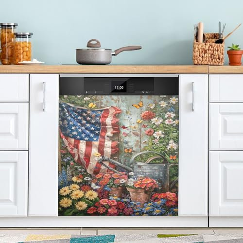 Magnetische Geschirrspülerabdeckung im Vintage-Stil, amerikanische Flagge, Blumen, Schmetterlinge, Küchendekoration, dekorativer Kühlschrank-Aufkleber, Geschirrspüler, Vordertürabdeckung, 58,4 x 66 cm