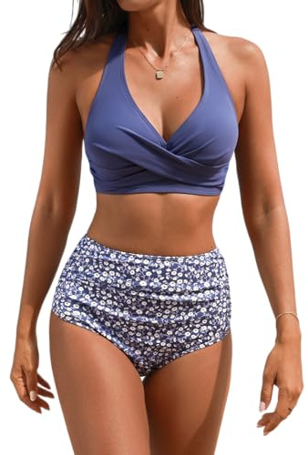 CUPSHE, Bikini da donna, set due pezzi, costume da bagno a vita alta, scollo a V largo, Halter Strap avvolgente anteriore, increspato, gancio posteriore | Torsione avvolta sul davanti, schiena aperta, coppe morbide rimovibili, cinghie regolabili, controllo della pancia increspato