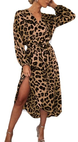 BSLVWG Abito midi da donna sexy con stampa leopardata a maniche lunghe con cravatta avvolgente per donna con scollo a V abito casual da donna autunno inverno, marrone, S