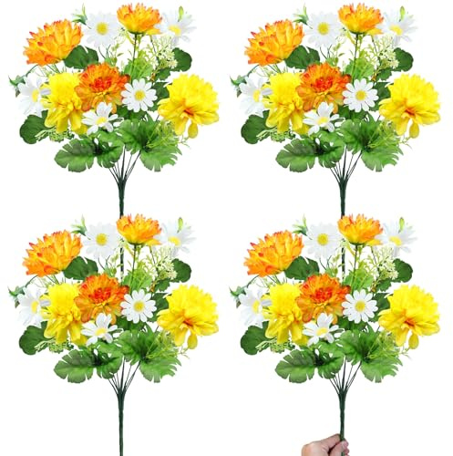 44 Heads Artificial Flowers for Outdoors, 4 Bunches 17 Inch Dahlia Daisies Mum Fake Plants UV Resistant Faux Flowers Bouquet Cemetery Flowers for Grave Outside Indoor Home Spring Summer Decor (Yellow)