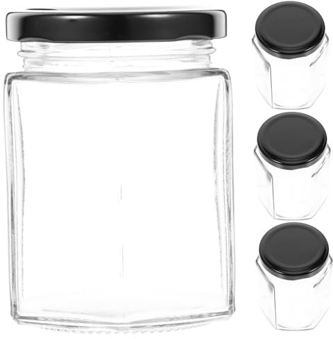 PHENOFICE 4stücke Glas Honigspender Mit Deckel Transparent Ohne Grate Kratzfest Für Honig Marmelade Saucen Sechsseitige Hexagon-form Praktisch Und Langlebig