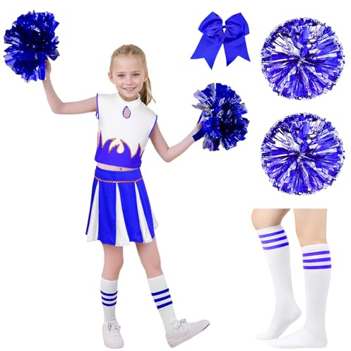 Matreeglam Cheerleader Karneval Kostüm für Mädchen, Cheerleading Kostüme, Kinderkleid, Outfit Uniform mit Pompons, Socken, Kinder Cheer Outfit Karneval Verkleidung (Blau, 130)