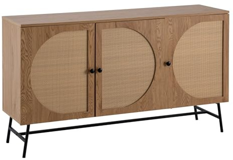 FineBuy Sideboard 140x39x80 cm Eiche-Dekor Rattan mit 3 Türen | hoher Kommodenschrank mit 6 Türfächern, Standschrank mit Wiener Geflecht, Anrichte mit viel Stauraum