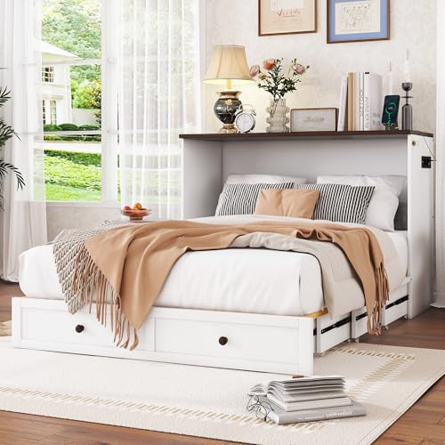 Kebnor Schrankbett, 140 x 200, Mobiles Schrankbett mit Schubladen am Bettende und Regal am Kopfende des Bettes, mit USB und Steckdose, Umbaubares Plattformbett, Ohne Matratze, weiß