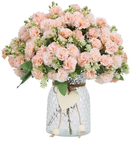DuHouse 6 Bunches Fake Carnations Bouquets, Faux Carnation Bouquets Realistic Artificial Carnations with Stems for Mother's Day, Wedding, Party, Office, Home Decor(Champagne)