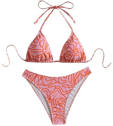 GORGLITTER Damen Bikini Sets Bademode Set 2 Stücke Swimwear Neckholder Triangel Bikinitop und Tangas Zweiteiliger Badeanzug mit Schnürung Orange M