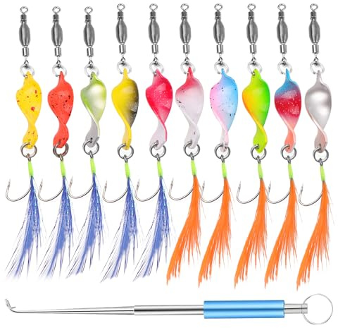 DXLing Lot de 10 cuillères Twist pour truite - Actifs UV - 3 g - Avec ressort - Paillettes - Crochet simple - Clignotant - Spoon Spinner - Kit dans une boîte avec dégorgeoir