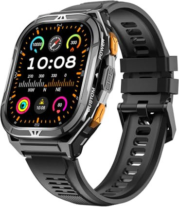 Smartwatch Herren, 1.96 AMOLED-Display, 30 Tage Akku, Dual-Frequency GPS L1+L5, 100+ Sportmodi, Herzfrequenz/ SpO2/Schlafmonitor, 5ATM Wasserdicht, Outdoor-Uhr Höhenmesser & Kompass für iOS Android
