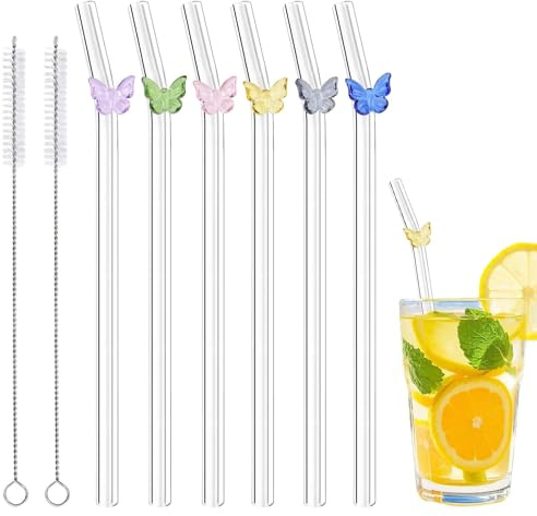 6 cannucce in vetro con 2 spazzole per la pulizia, graziose cannucce colorate a forma di farfalla, resistenti agli urti, riutilizzabili, lavabili in lavastoviglie per amanti del caffè, frullati