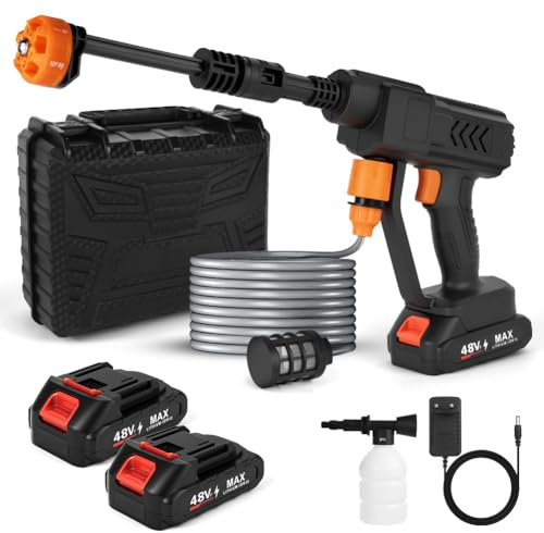AOOSU Hidrolimpiadora de Alta Presion, 30Bar Pistola de Agua de Alta presión con Boquilla 6 en 1, Hidrolimpiadora Bateria con 2 x6000mA Baterías de Bateria para Limpiar Coche Terraza Jardín
