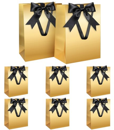 Presentpåsar set, guld presentpåse med rosett presentpåse med handtag 8 stycken 21 x 31 x 12 cm stora presentpåsar till jul födelsedag bröllop
