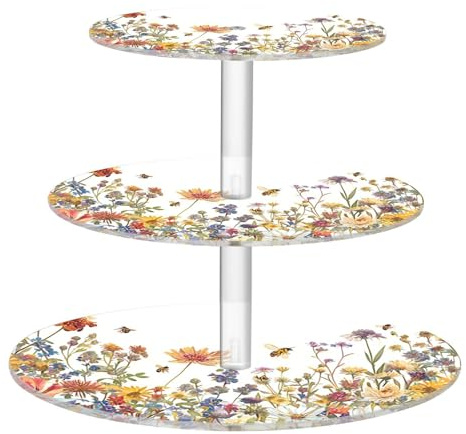 Blueangle 3-Tier Round Cupcake Stand – Herbs and Wild Flowers Acrylic Dessert Tower, Non-Slip Tiered Dessert Stand for Baby Shower, Birthday, Wedding Party （454）
