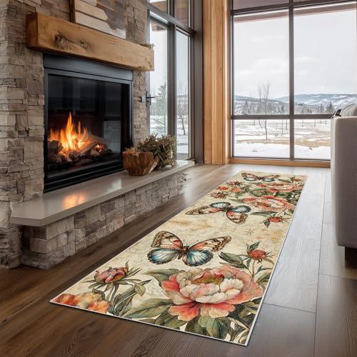 Teppich Läufer Flur Barock Schmetterling Rutschfest und Waschbar Vintage | Pfingstrose Küchenläufer lang für die Küche Blumenpflanzen Blume Flurteppich auch als Bettvorleger für Schlafzimmer 60x150 cm