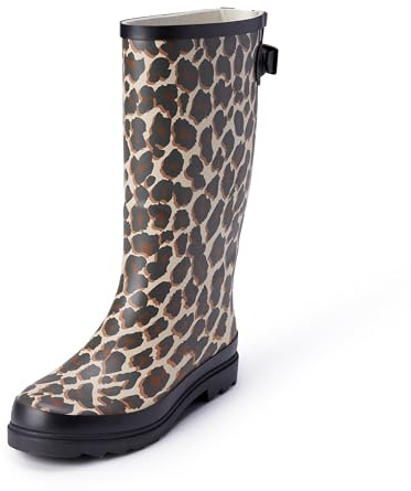 Amazon Essentials Women's Waterproof Tall Rain Boot with Adjustable Buckle, Leopard, 13