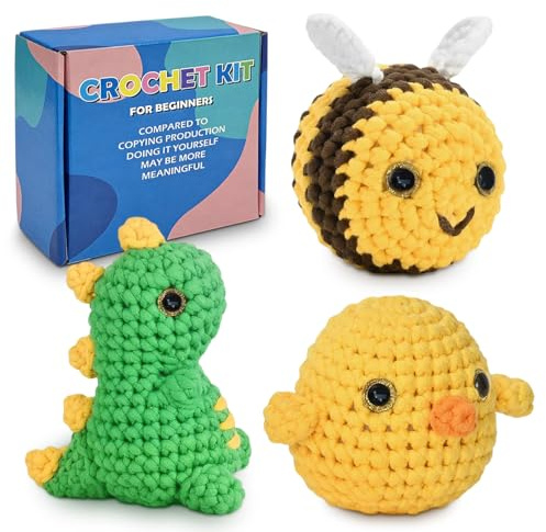 Häkelset für Anfänger, Tiere Biene Küken Dinosaurier mit Häkel Zubehör, Häckel Kit inkl Garn, Video-Tutorial Set, Häkeln für Anfänger Kinder, Crochet Set für Erwachsene Kinder Geschenk DIY Handarbeit