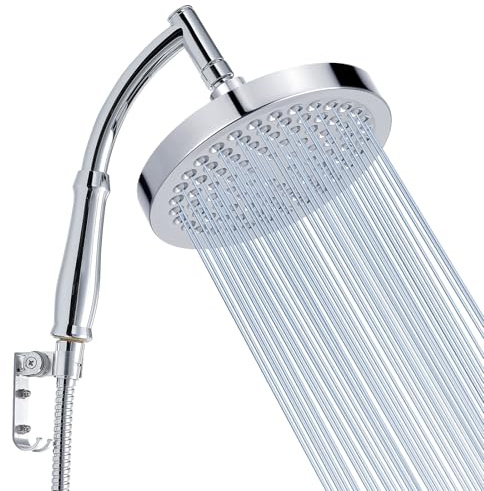Pomme de Douche Voolan avec Bras de Douche à Main, Pomme de Douche à Main Haute Pression, Finition Chromée Luxueuse, Pomme de Douche Rond de 15cm avec Bras d'Extension et Kits de Fixation