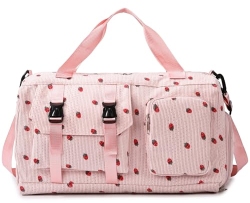 Waniki Sporttasche Kinder Mädchen Erdbeere Cord Reisetasche Damen Weekender Schwimmtasche mit Schuhfach und Nassfach Teenager Travel Bag Balletttasche für Reisen, Fitness, Sport, Gymnastik, Schule
