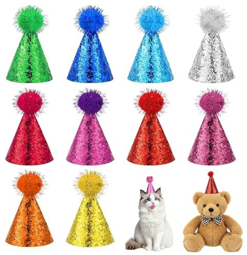 dinghaole 10 Stück Mini Partyhüte für Kuscheltiere, Glitzer Geburtstagshut für Hunde und Katzen, Glitzer Geburtstagshut für Hunde und Katzen, Mini Partyhüte für Kuscheltiere, Plüsch-Teddys