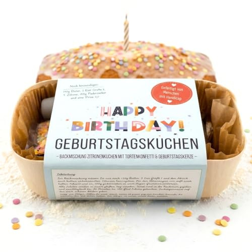 Geburtstagskuchen Backmischung Geschenkset mit Kerze und Konfetti | Zitronenkuchen-Backmischung mit Kerze und buntem Zucker-Konfetti – originelle Geschenkidee für Familie, Freunde und Kollegen