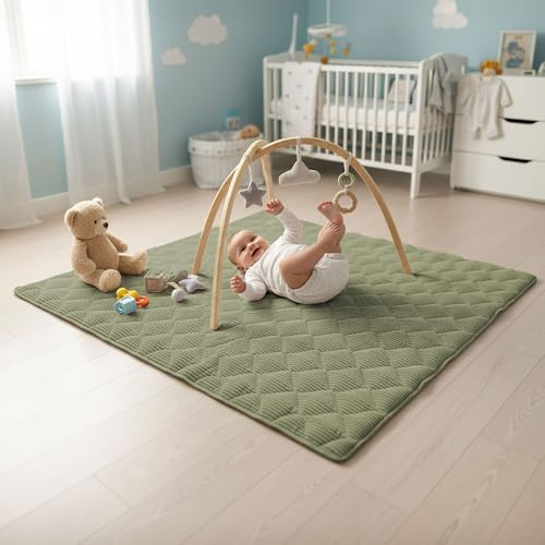 Sanosoft® Krabbeldecke - rutsch- & wasserfeste Krabbelunterlage mit Öko Tex & Made in Germany… (Cord Khaki Grün, 130x150cm)