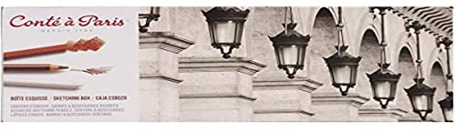 Conté a Paris 50126 Sketching Box 12 sortierte Skizzen carrês, 3 Skizzenstifte, 1 weicher Radiererm 1 Farbwischer, 1 Papierwischer