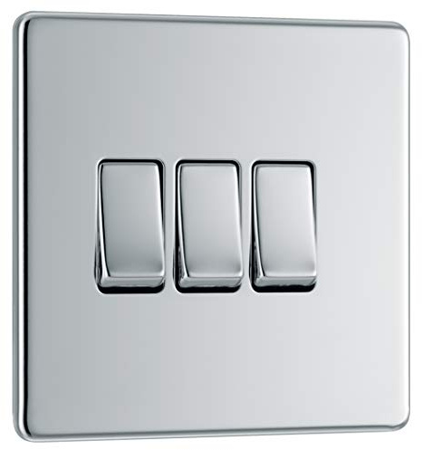 BG Electrical Triple Wall Light Switch, 2 Way, Screwless Front Plate, Slim Profile, Premium Flatplate, Polished Chrome, 20A, 16AX, FPC43