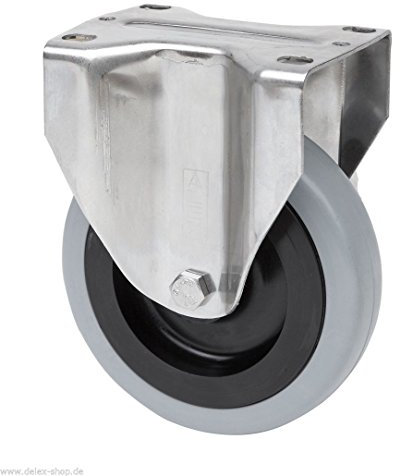 Transportgeräterolle Edelstahl 125 mm Rad mit Gummibereifung grau spurlos Anschraubplatte Bockrolle V2A INOX Edelstahlrolle Polyamidrad Gummi