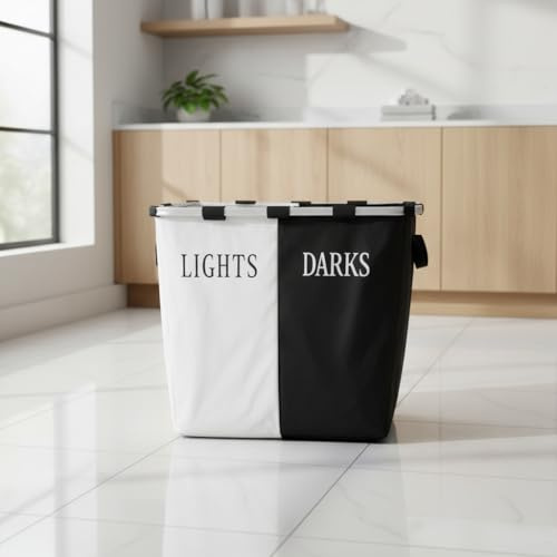 Wäschekorb DUO 70 L Schwarz-Weiß – Moderner Wäschesammler mit 2 Fächern, zusammenklappbar, 100% Polyester, stabil & platzsparend