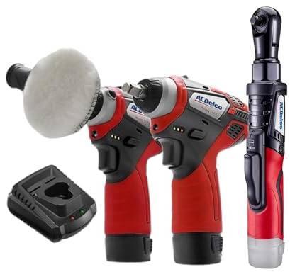 ACDelco G12 12V Cordless Combo Kit – Mini Polisher, 3/8 Impact Wrench (90 ft-lbs), Ratchet Wrench (55 ft-lbs) with 2 Li-Ion Batteries & Fast Charger, Auto Repair & DIY Tools