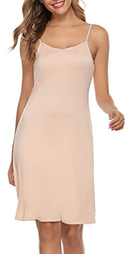 Vlazom Femmes Fond de Robe Longue Coton sous Robe Bretelles Fines Bretelles Jupons Mini Robe,Beige,M