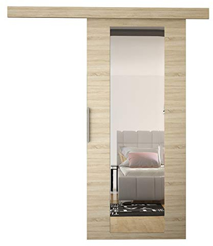 Mirjan24 Schiebetürsystem Flash IV 90 mit Spiegel (Sonoma) | Komplettes Schiebetür-Set mit Aluminiumgriff und Selbstschließsystem, wahlweise links oder rechts montierbar