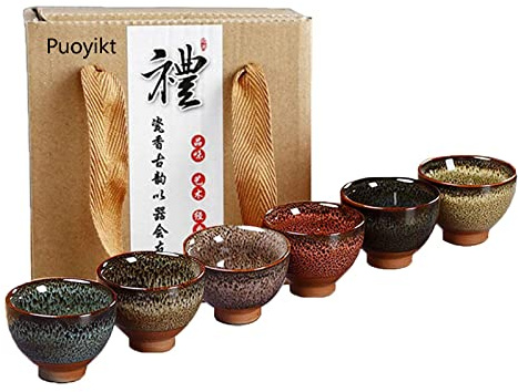 Puoyikt 6pc Ceramic Kung Fu Tea Set, Japanese Tea Cup, Sake Cup, 2.1oz Capacity, 6 Colors