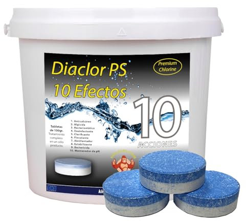 Cloro Total para Piscinas DIACLOR PS 10 Efectos 5 KG - 50 Pastillas de Cloro Multiacción (100 gr) - Tratamiento Profesional Completo