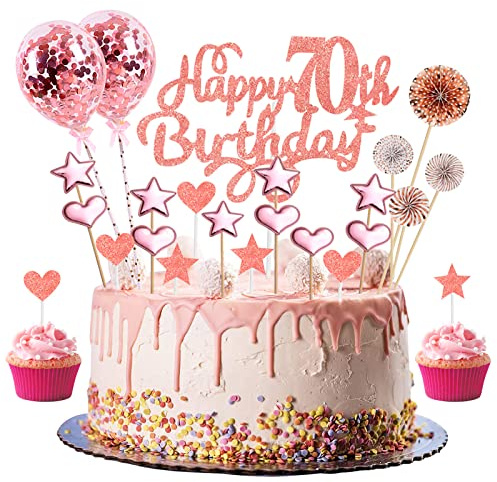 70th Birthday Cake Topper Rose Gold, Glitter Happy 70th Birthday Cake Topper Kit with Star Heart Paper Fan Confetti Balloon, Cupcake Topper for Women 70th Birthday Anniversary Party Cake Decorations