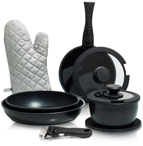 Moss & Stone Juego de 10 ollas y sartenes negras antiadherentes, juego de utensilios de cocina con mango desmontable, mango extraíble, apto para horno, listo para inducción, juego antiadherente
