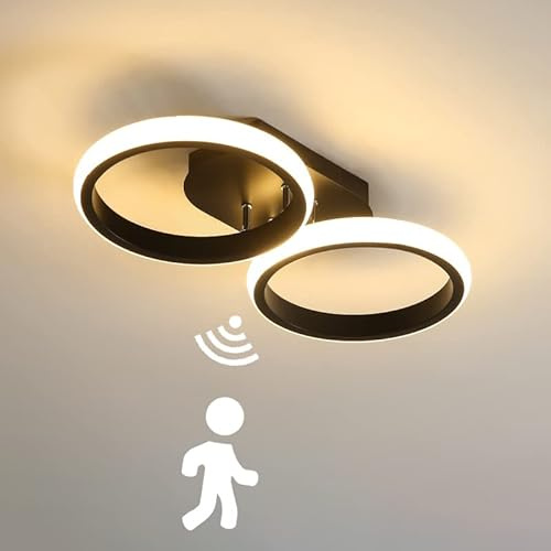 LED Flur Deckenleuchte mit Bewegungsmelder Innen Sensorlampe Deckenlampe mit Sensor 22W Moderne Ring Deckenbeleuchtung für Treppe Wohnzimmer Balkon Küche Garage Veranda BüRo Lampen, Schwarz (3000K)