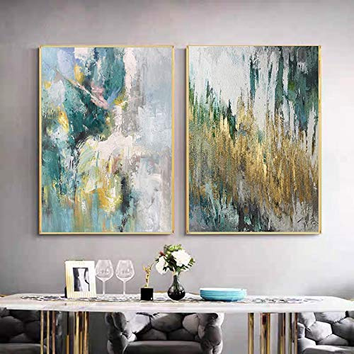 Riesiges Bild aus Blattgold, modernes abstraktes Ölgemälde auf Leinwand, gerahmt, Wandkunst für Wohnzimmer, Heimdekoration, 60 x 80 cm (24 x 32 Zoll) x 2 mit Rahmen