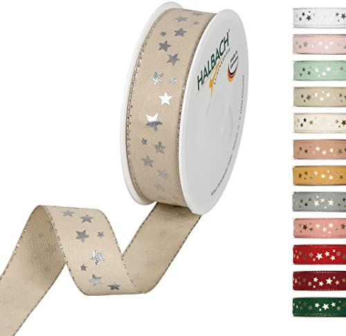 Halbach Weihnachtsband mit Sternen, 25 mm x 18 m, leinen/silber | Waschbares Schleifenband in Baumwolloptik, Made in Germany, zum Verpacken und Dekorieren von Weihnachtsgeschenken
