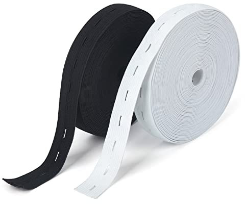 SPOKKI 2 Rollen 14M Gummiband mit Knopfösen Flaches Nähband Gummiband Breite 20mm und 20 Knöpfe Gummiband mit Knopfloch Gummiband Hosenbund Elastisches Gummiband Nähen für Hosenrock Stirnband