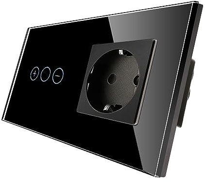 CNBINGO Dimmschalter mit Schuko Steckdose unterputz - Dimmer Schalter für LED-Leuchten - Touch Lichtschalter einfach in Schwarz - Wandschalter mit Glasrahmen und Status-LED